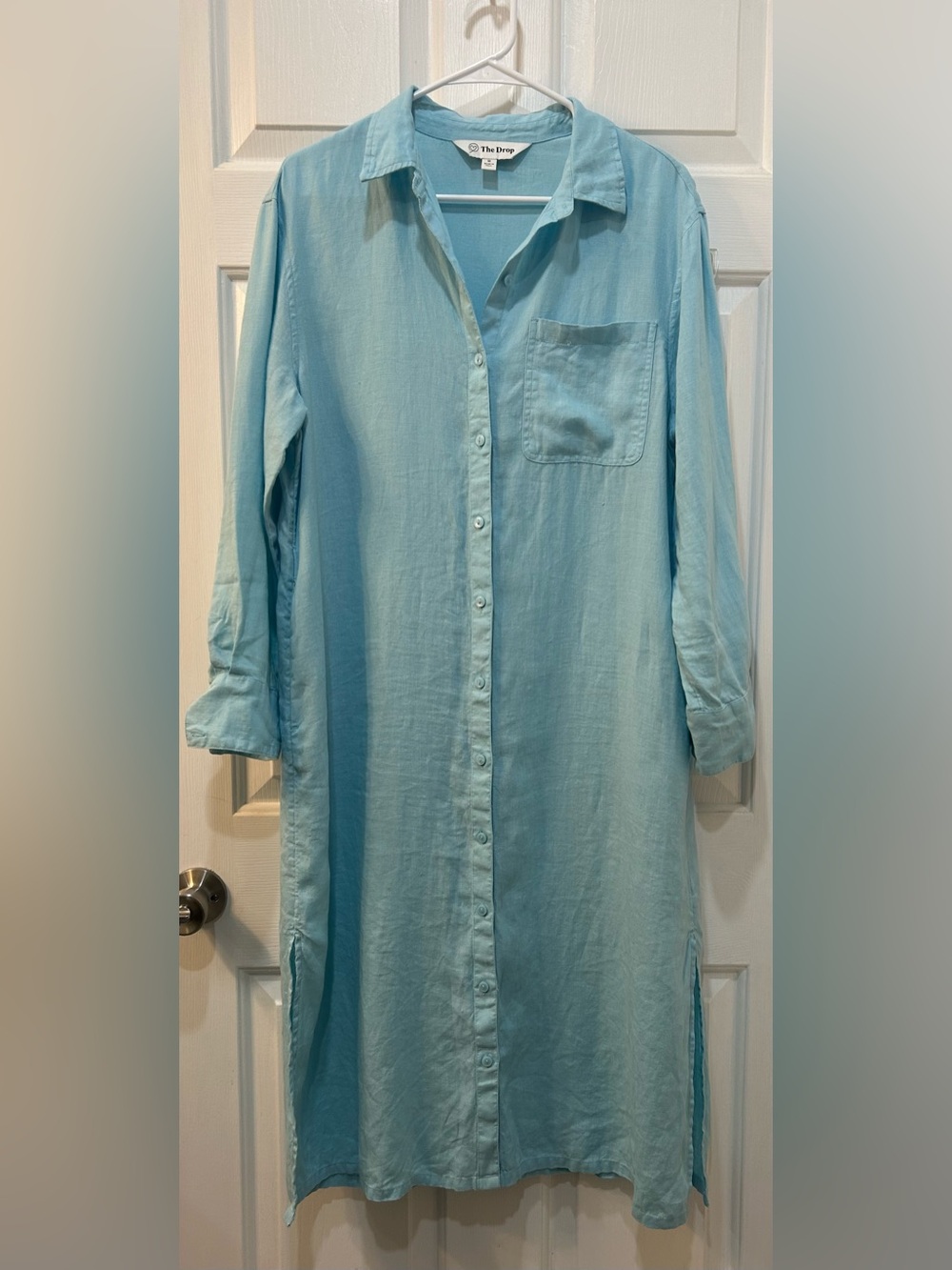 The Drop Fiona Relaxed 100% Linen Button Up Shirt Dress Sz M Coastal Breathable